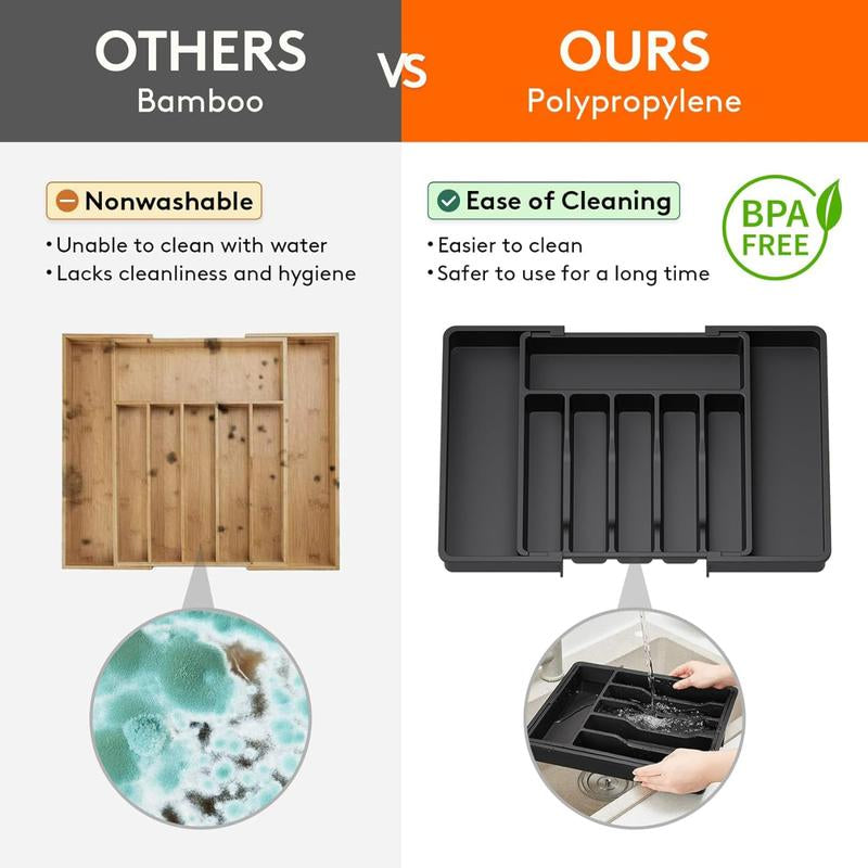 Silverware Drawer Organizer, Expandable Utensil Tray for Kitchen, BPA Free Flatware and Cutlery Holder, Adjustable Plastic Storage for Spoons Forks Knives, Large, Black Racks