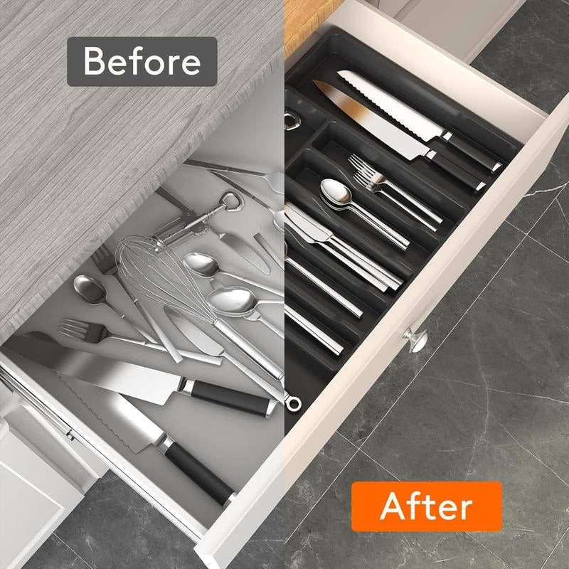 Silverware Drawer Organizer, Expandable Utensil Tray for Kitchen, BPA Free Flatware and Cutlery Holder, Adjustable Plastic Storage for Spoons Forks Knives, Large, Black Racks