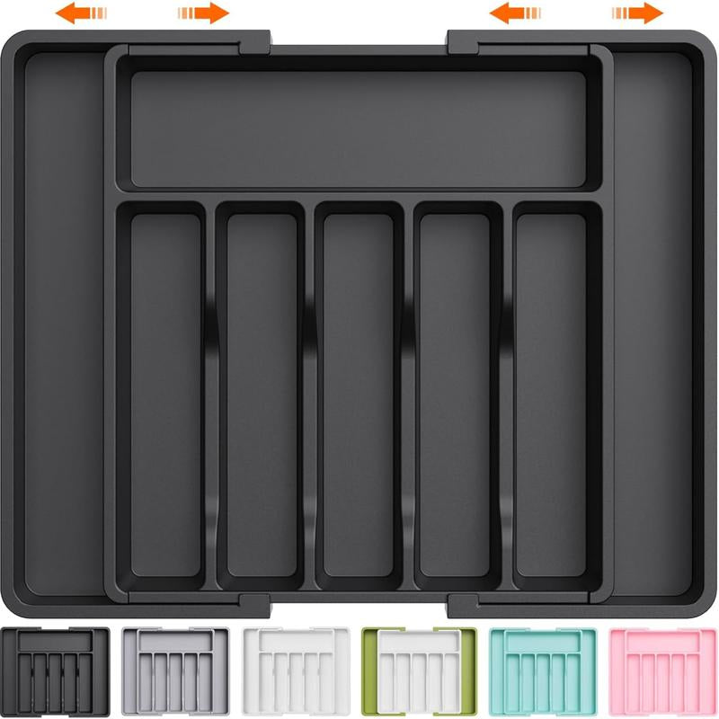 Silverware Drawer Organizer, Expandable Utensil Tray for Kitchen, BPA Free Flatware and Cutlery Holder, Adjustable Plastic Storage for Spoons Forks Knives, Large, Black Racks