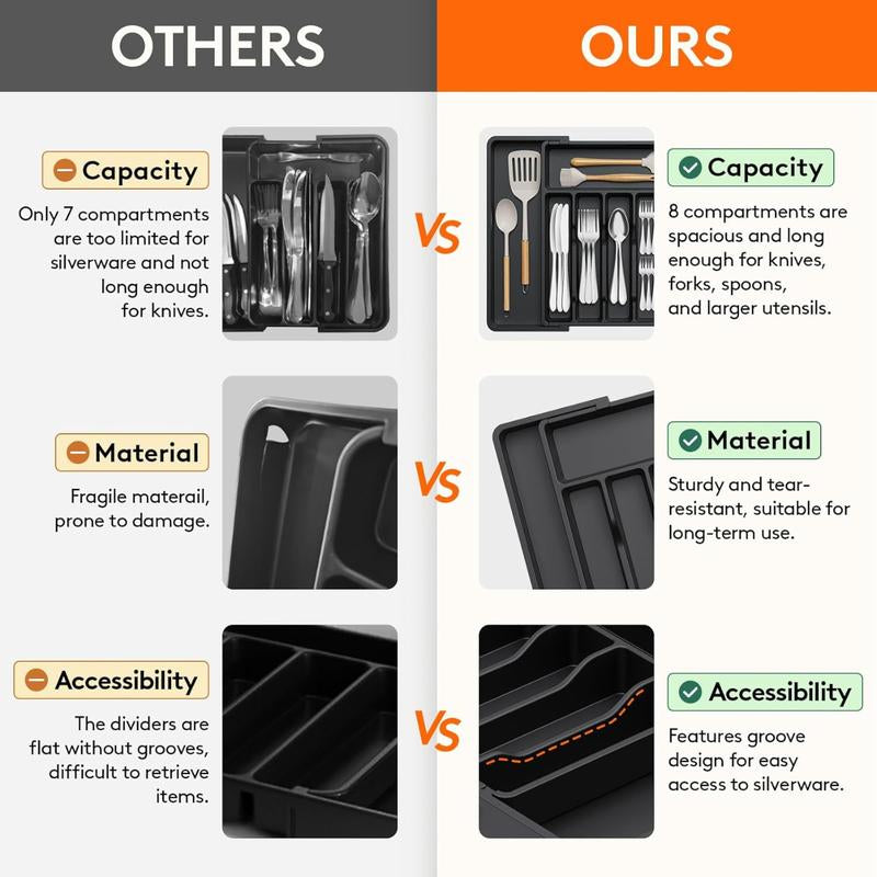 Silverware Drawer Organizer, Expandable Utensil Tray for Kitchen, BPA Free Flatware and Cutlery Holder, Adjustable Plastic Storage for Spoons Forks Knives, Large, Black Racks