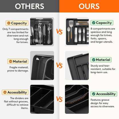 Silverware Drawer Organizer, Expandable Utensil Tray for Kitchen, BPA Free Flatware and Cutlery Holder, Adjustable Plastic Storage for Spoons Forks Knives, Large, Black Racks