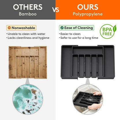 Silverware Drawer Organizer, Expandable Utensil Tray for Kitchen, BPA Free Flatware and Cutlery Holder, Adjustable Plastic Storage for Spoons Forks Knives, Large, Black Racks